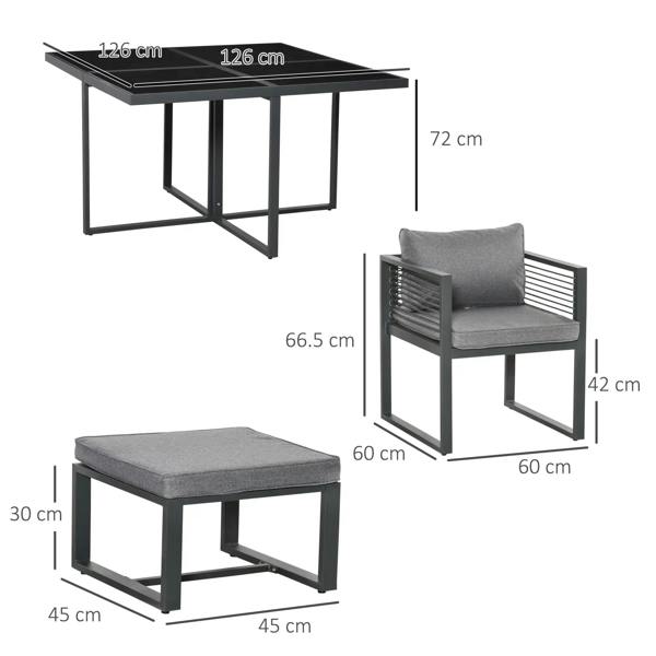 Grey glass-top table, cushioned armchair, and matching ottoman—size diagram