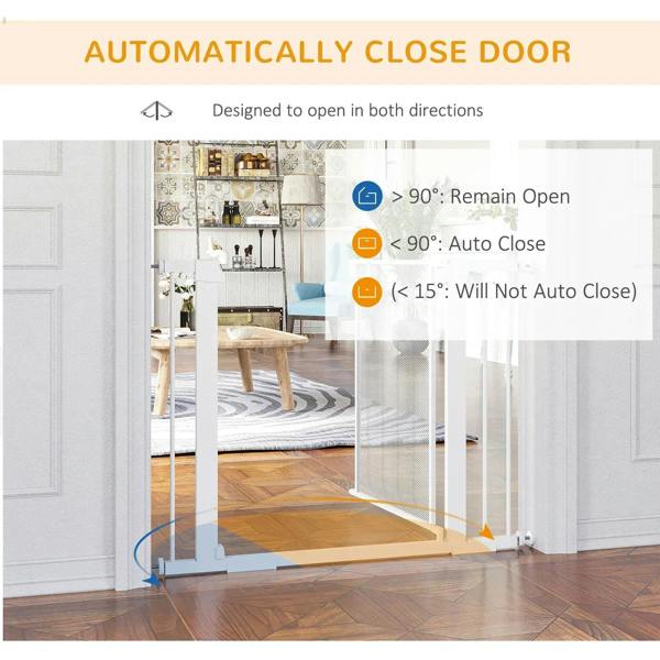 White pet safety gate in a doorway with bottom latch area and mesh panel