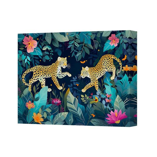Benjamin Tate Design Leopard Jungle Scene Canvas Art Print With Vibrant Tropical Foliage