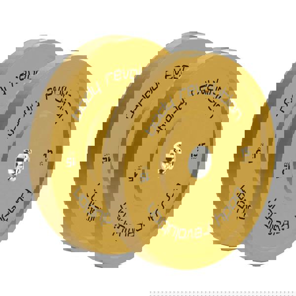 Body Revolution 100kg Bundle Olympic coloured bumper plates in vibrant yellow, featuring a durable rubber texture and clear weight markings