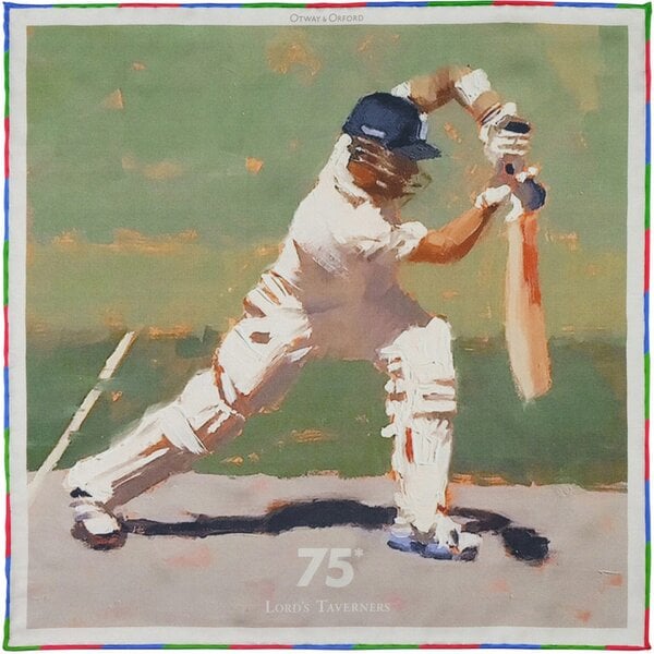 Otway & Orford '75 Not Out' cricket silk pocket square in green & white (42 x 42cm)
