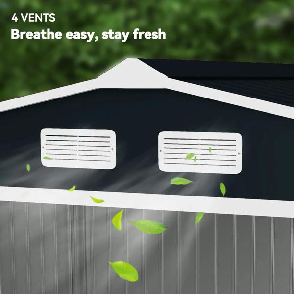 Four roof ventilation vents on a dark grey metal bicycle shed