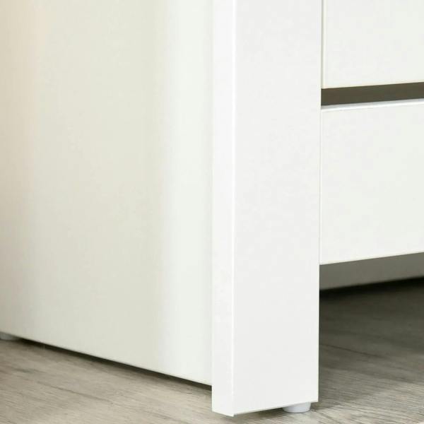 White cabinet side panel and base legs for stable shoe storage