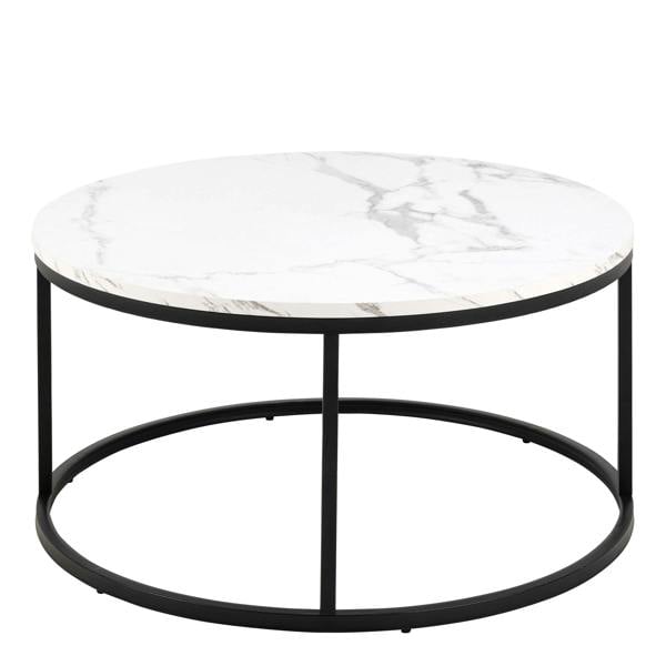 Wyld Haus Odense Round White Marble Effect Coffee Table Black Metal Legs