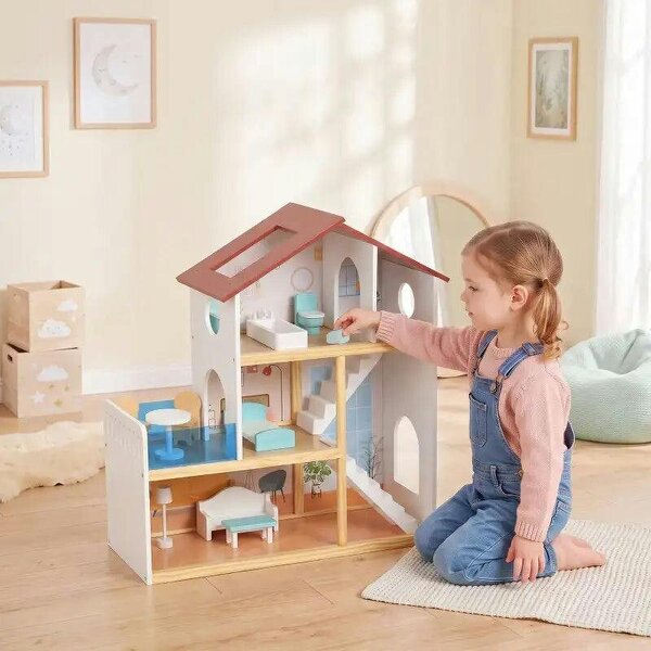 Kids Wooden Dolls House, 3-Story Dollhouse with 5 Rooms and 11 Accessories, Pretend Play Gift for Ages 3+, White - White
