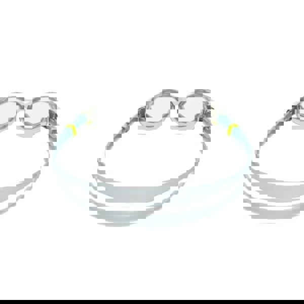 Speedo Biofuse 2.0 female goggles with blue-white frame, clear lenses, silicone strap, adjustable nose bridge and push button mechanism