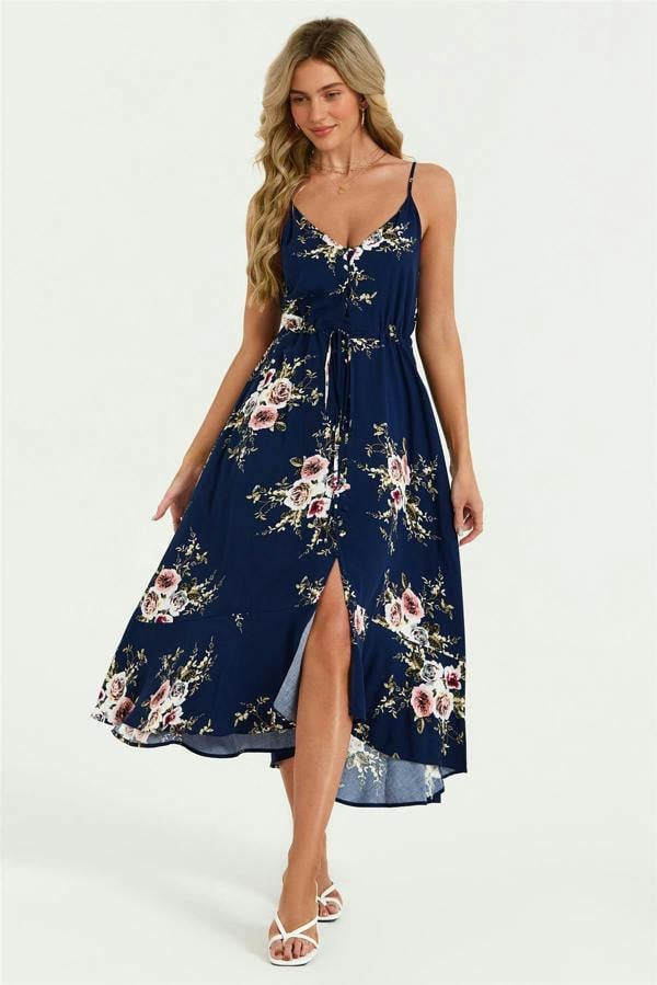 FS Collection Floral Print Button Down High Low Strappy Dress In Navy