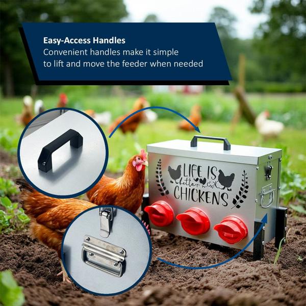 Chicken feeder with easy-access handles and a humorous design "Life is better with chickens", set against a farm background.