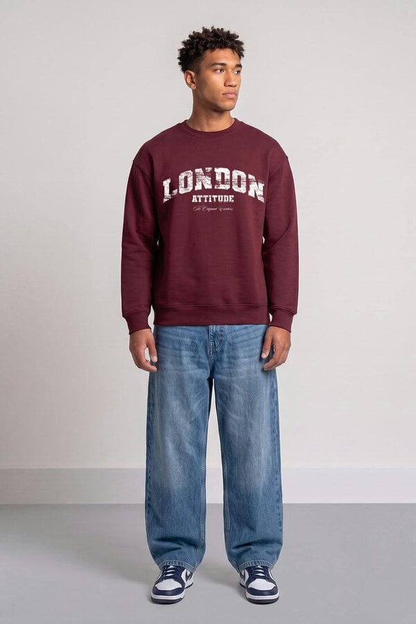 London Attitude Relaxed Fit Collegiate Graphic Sweatshirt in White - Burgundy