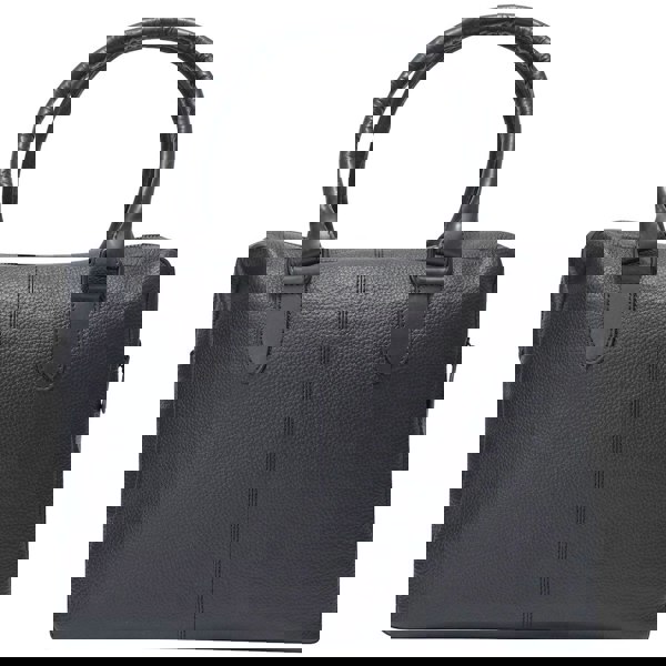 This image shows a Barney & Taylor matte black messenger bag. This image focuses on the back of the bag.