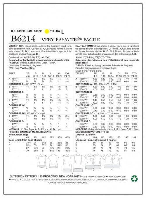 Butterick Sewing Pattern 6214, Tops for Women, XSM-SML-MED - Easy