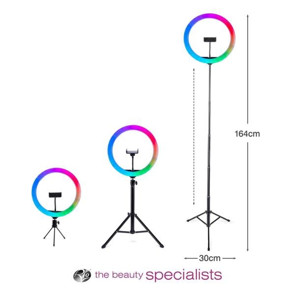 Three Studio RGB Beauty Ring Lights by Rio, featuring rainbow LEDs, are shown at different adjustable heights: low, medium, and fully extended (164cm tall, 30cm wide base)—perfect for creative color lighting. Rio’s logo and text appear at the bottom.