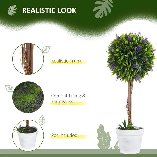 Artificial ball tree plant with green foliage and purple lavender-like blooms in white pot