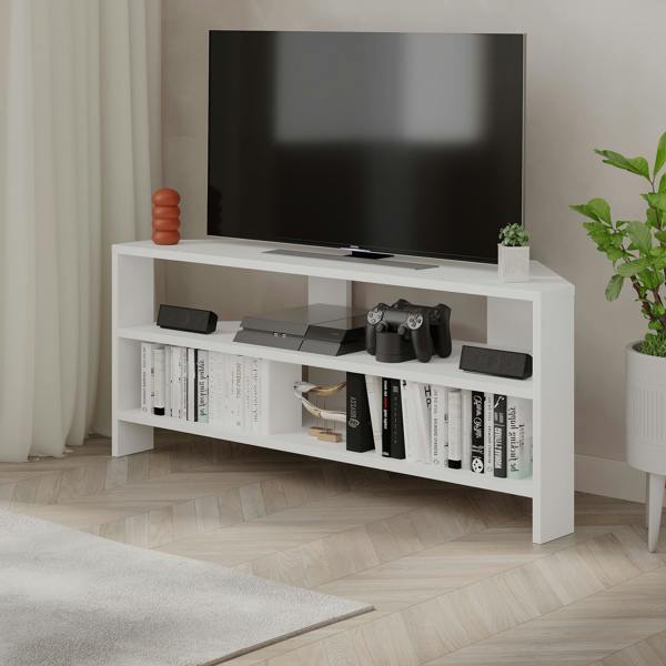 Decortie Thales Corner TV Stand for 32" TVs with Open Shelves & Soft Rounded Edge 110cm Modern Multimedia Console