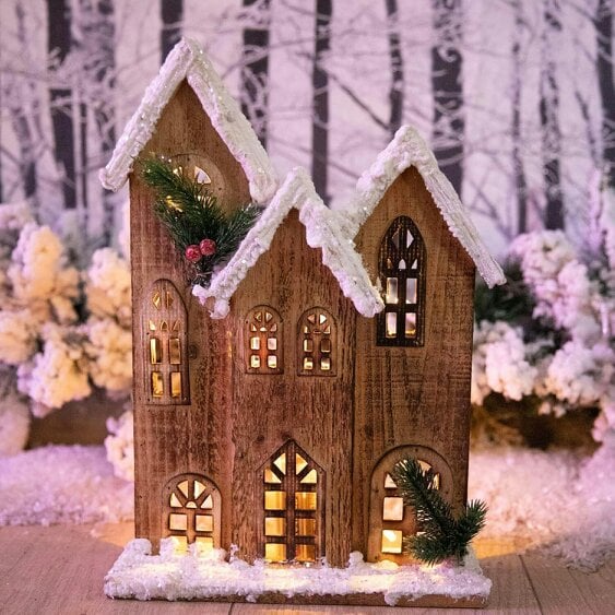 Shatchi 35cm Wooden Snow-Covered Cottage House with Warm White LED Lights for Indoor Christmas Display