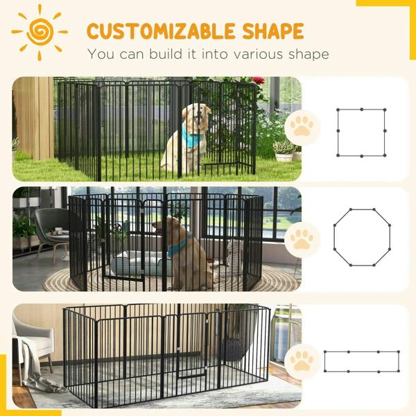 Black metal dog pen modular layout shown in outdoor, indoor, and corner configurations