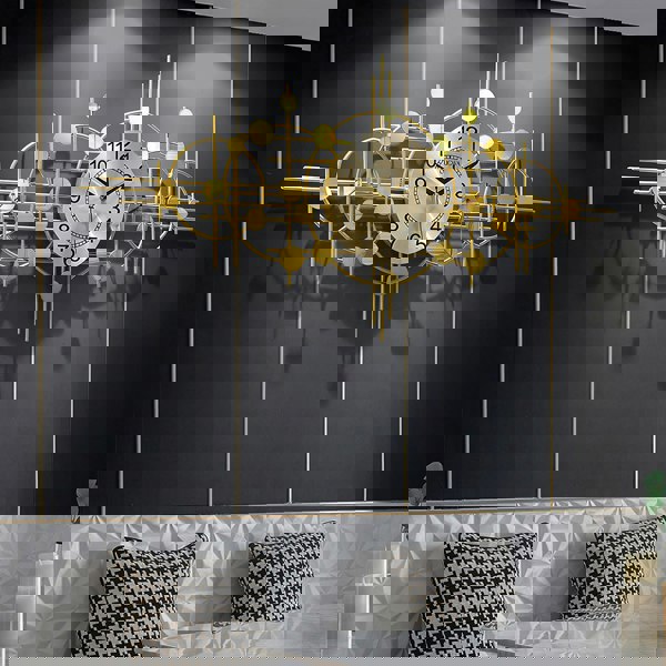 Detail view of Cohen Art Deco Gold Wall Clock, Silent Clock, Horizontal Or Vertical with oak sideboards