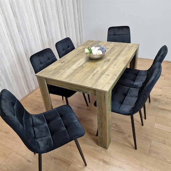 Kosy Koala Dining Table and 6 Chairs Rustic Effect Wood Table 6 Black Velvet Chairs Dining Room