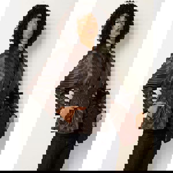 Blue Vanilla Collared Shirred Waist Faux Leather Jacket