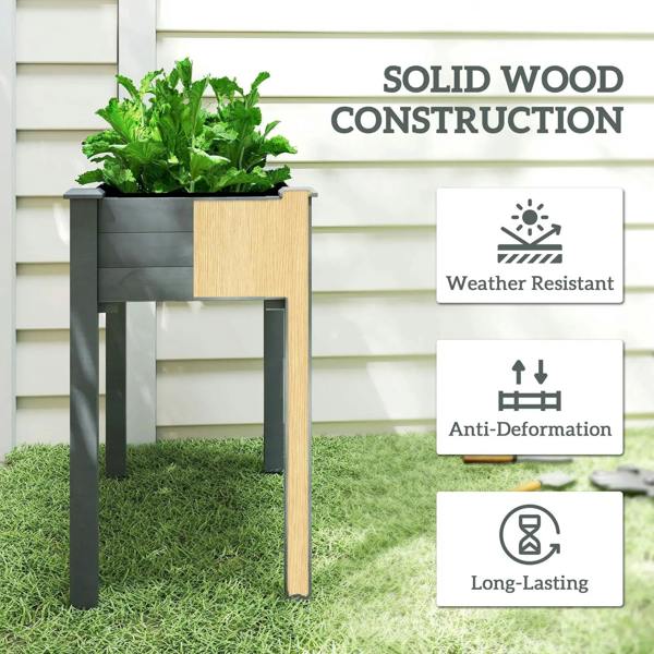 Dark grey raised planter box with light wood supports and open top for planting.