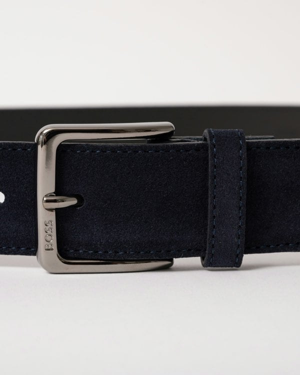 BOSS Orange Ronnie Mens Suede Belt with Logo-Engraved Gunmetal Buckle - Dark Blue 401