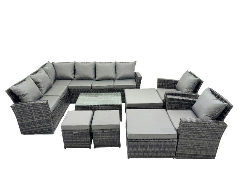 Fimous 12 Seat Rattan High Back Corner Sofa Set Patio Coffee Table Sets with 4 Stools 2 Chairs Dark Grey Mixed