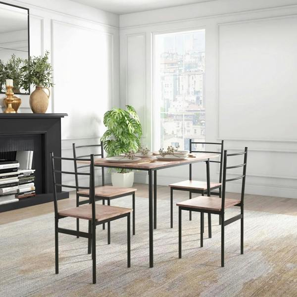 Dining table and chairs set with black frames, wood-look seats, and rectangular tabletop