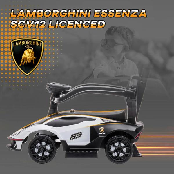 White and black ride-on push car with steering wheel and front fender detail
