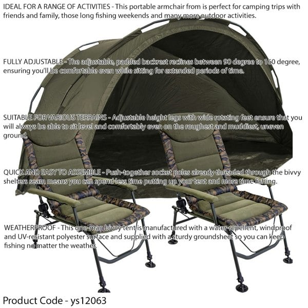2 Man Waterproof Carp Fishing Bivvy Tent & 2x Reclining Adjustable Chairs Set - LoopsDirect