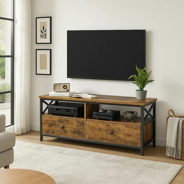 Rustic industrial TV cabinet with drawers and shelves for 55-inch TVs, brown wood and black steel frame

