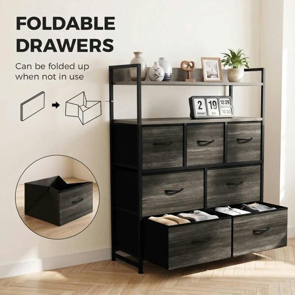 Chest of Drawers, Bedroom Fabric Dresser with 7 Drawers, Storage Organiser Unit with Open Shelves, Grey Wood-Effect
