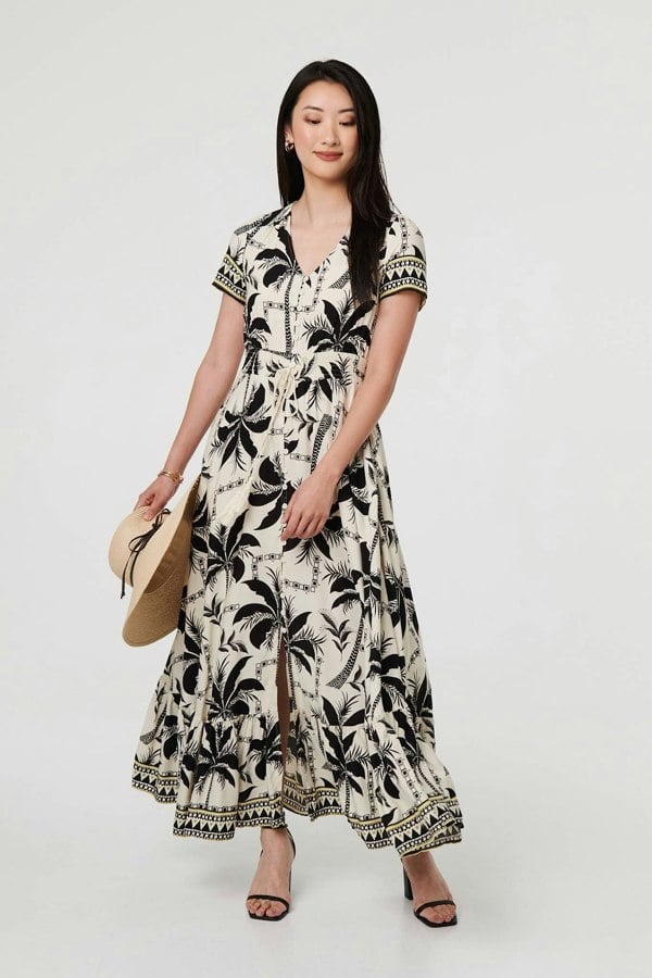 Black | Leaf Print Short Sleeve Maxi Smock Dress
