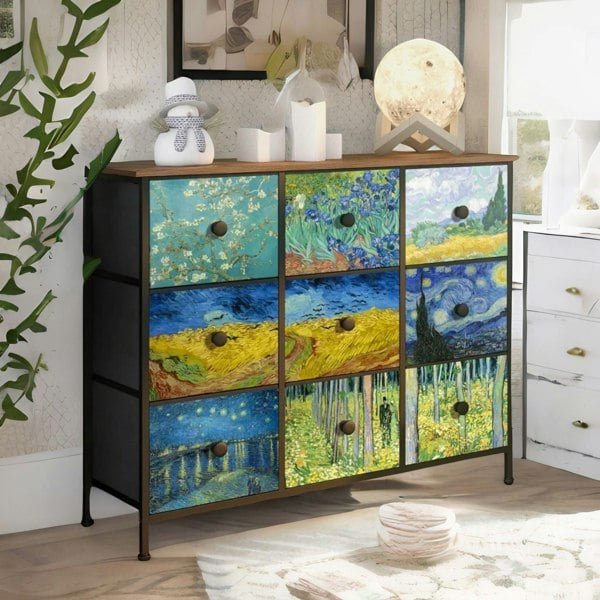 Rafaelo Mobilia 9 Fabric Drawer Bedroom Dresser With Abstract Patterns Storage Organiser Rustic Brown