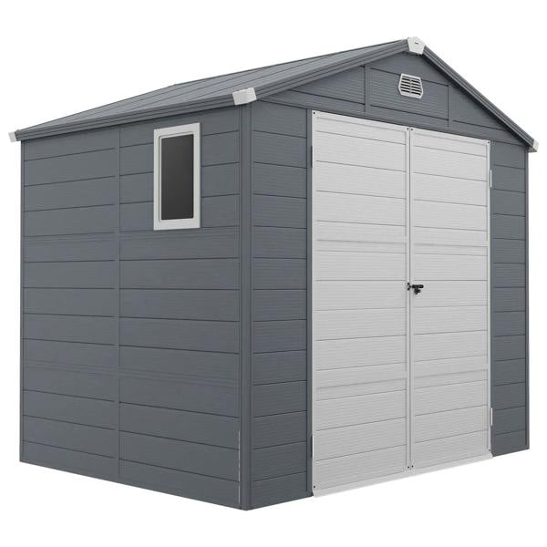 Grey plastic wall shed with aluminum frame, gable roof, and double doors