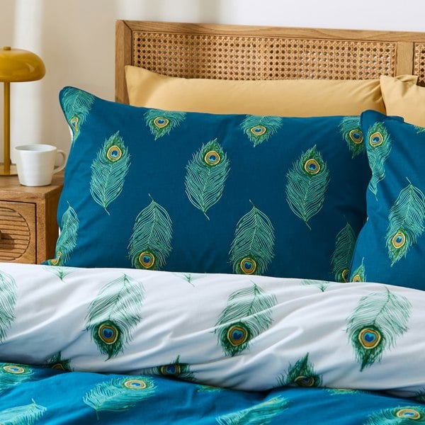 Their Nibs Peacock Feather Cotton Reversible Duvet Cover Set Teal Green