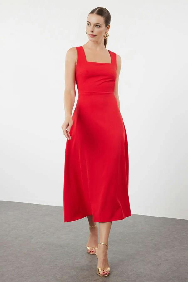 Square Neck Thick Strap A-Line Midi Dress