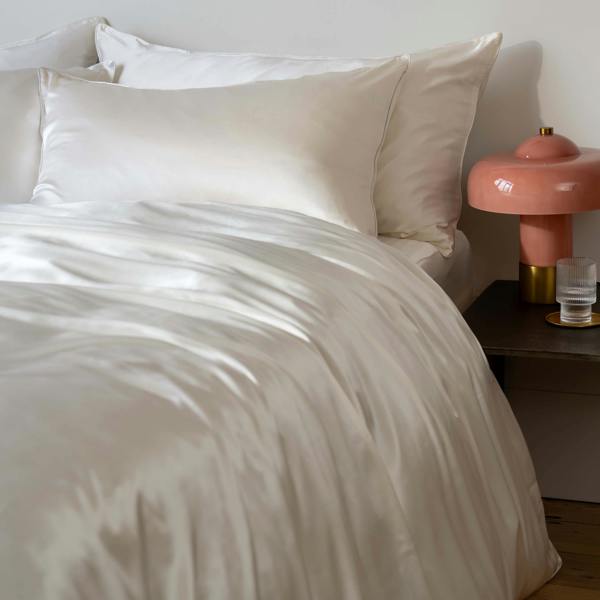 Ivory Mulberry Silk 30cm Standard Fitted Sheets in a styled bedroom 3 | Soak and Sleep