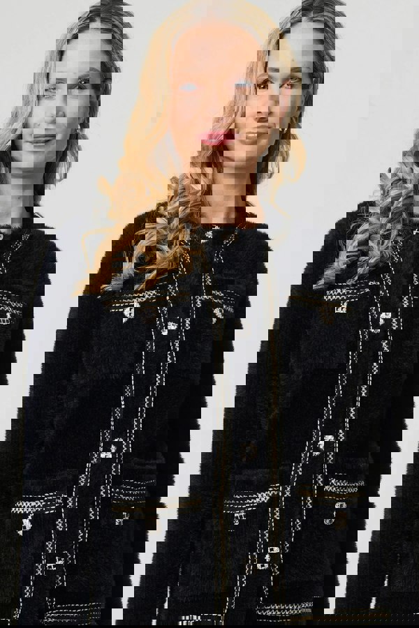 Black | Embroidered Trim Knitted Smart Jacket
