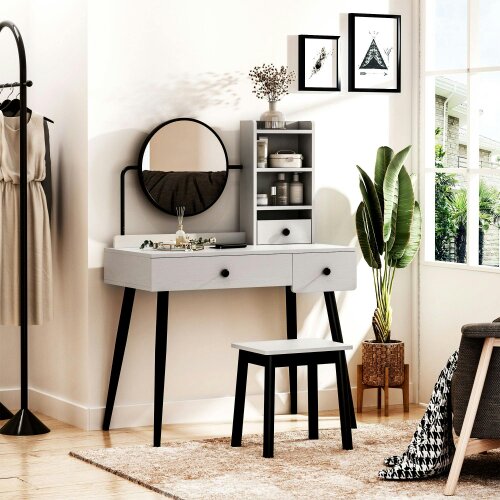 Wyld Haus Ravato Grey Dressing Table And Stool Set With 3 Drawers And Open Shelving