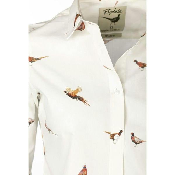 Detailed view of the Rydale Wistow Ladies Printed Shirt showing the realistic pheasant print on soft cream cotton fabric with button fastening.
