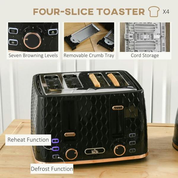 Black four-slice toaster with crumb tray area and control knobs, with bread in slots