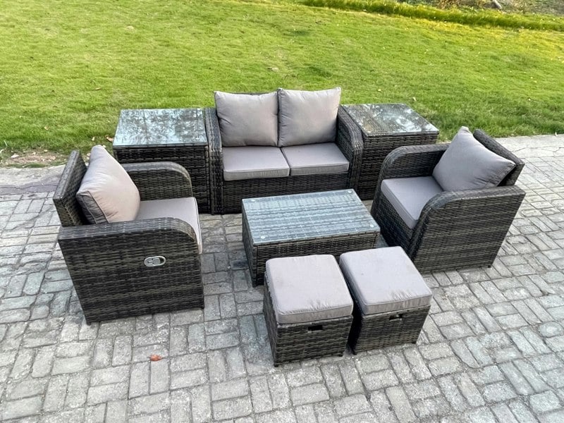 Fimous Outdoor Lounge Sofa Set 6 Seater Rattan Garden Furniture Set with Rectangular Coffee Table 2 Small Footstools 2 Side Tables Dark Grey Mixed