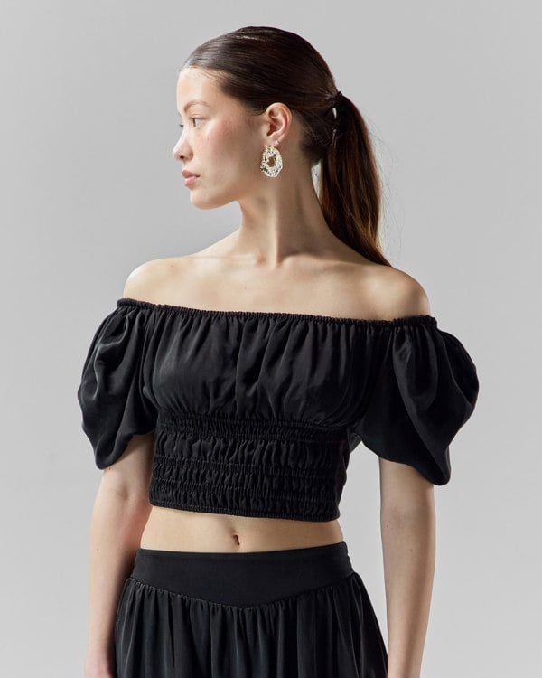 Frolickers Convertible Puff-Sleeve Crop Top - Black