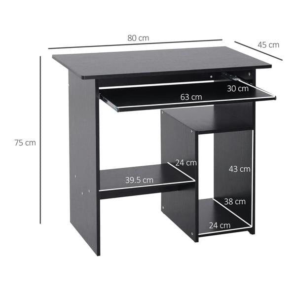 Black corner-style desk with sliding keyboard tray and lower open shelves
