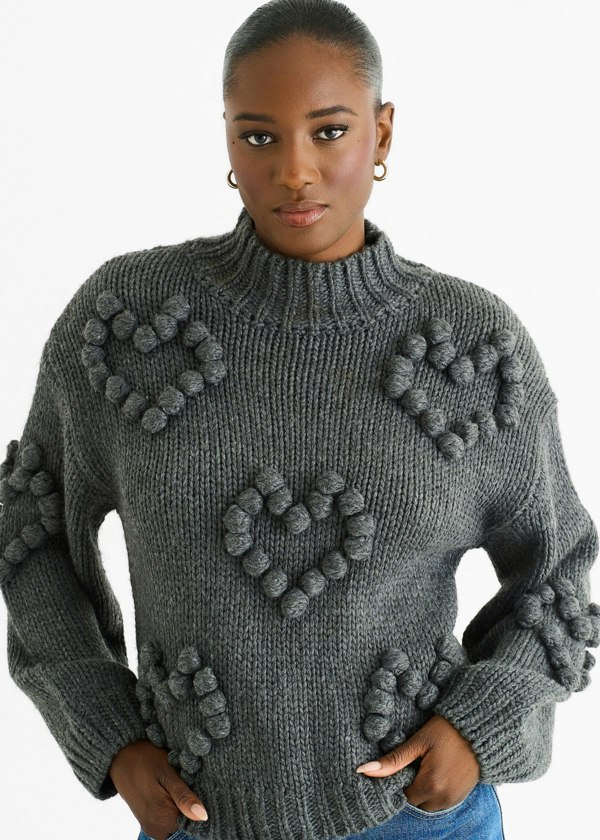 Gini London Dark Grey Heart Bubble Chunky Knit High Neck Jumper