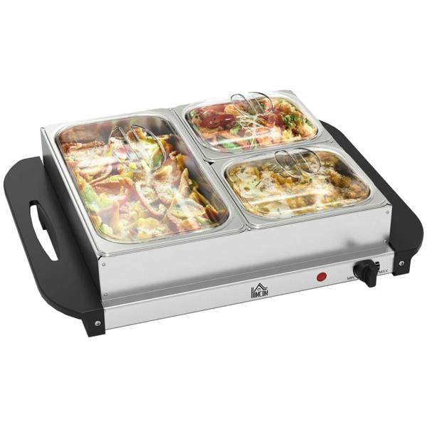Stainless steel electric buffet server with three lidded trays, warming base