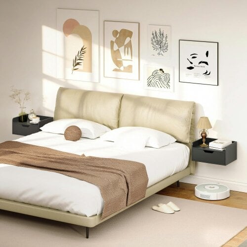 Wyld Haus Levaco Set Of 2 Wall Mounted Wooden Black Bedside Tables With Drawer Storage