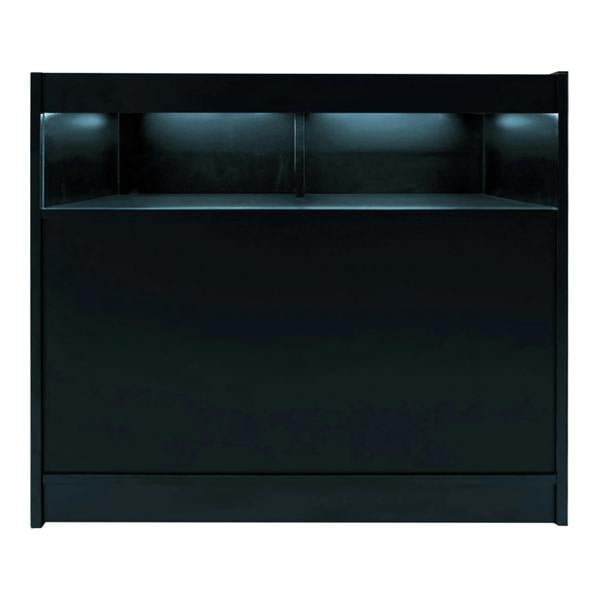 Sleek black Iris LED shop counter set featuring a modern design, illuminated shelves, and a smooth, matte finish for retail displays
