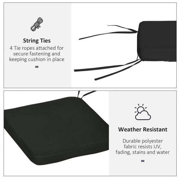 Black seat cushion pad with string tie straps and weather-resistant polyester fabric.
