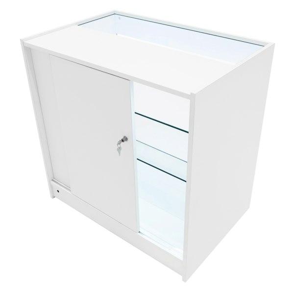 Hera LED Shop Counter Set in white, featuring a sleek design, glass shelves, and a lockable sliding door for secure display